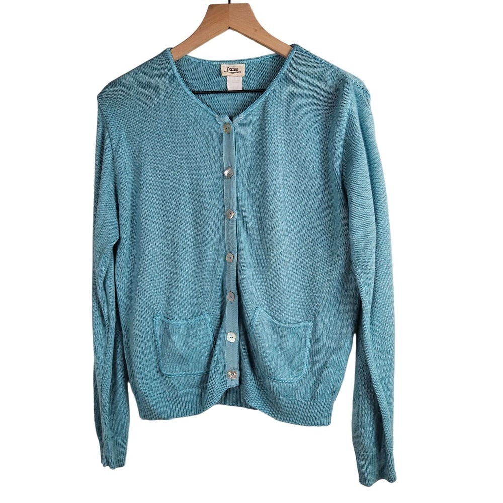 Oona Cardigan Sweater XL Aqua Blue Velvet Trim Long Sleeve Lagenlook